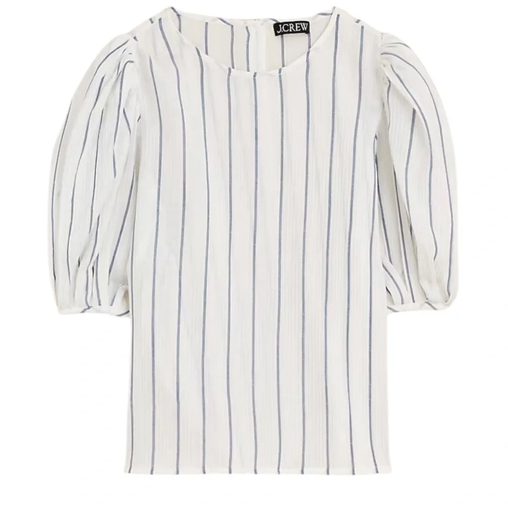 J. Crew Puff-sleeve Top In Sheer Gauze White and Blue Striped Blouse NWT XXS